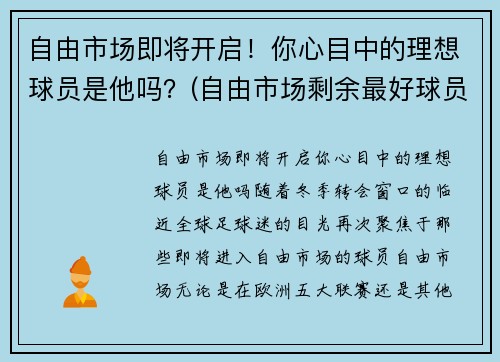 自由市场即将开启！你心目中的理想球员是他吗？(自由市场剩余最好球员)
