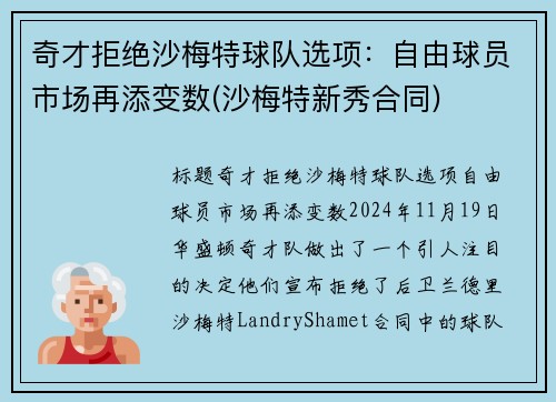 奇才拒绝沙梅特球队选项：自由球员市场再添变数(沙梅特新秀合同)