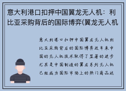 意大利港口扣押中国翼龙无人机：利比亚采购背后的国际博弈(翼龙无人机国外实战)