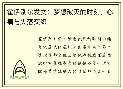 霍伊别尔发文：梦想破灭的时刻，心痛与失落交织