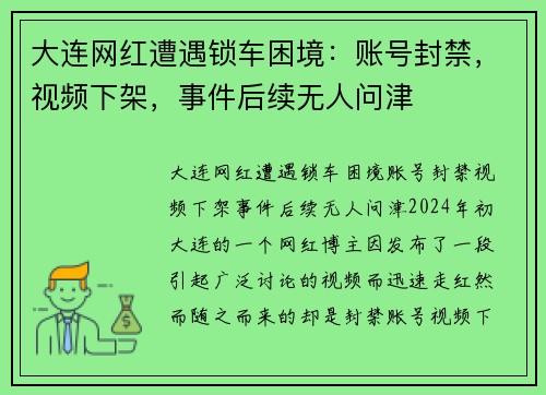 大连网红遭遇锁车困境：账号封禁，视频下架，事件后续无人问津