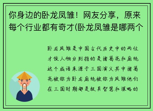 你身边的卧龙凤雏！网友分享，原来每个行业都有奇才(卧龙凤雏是哪两个人物)